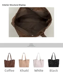 Detail of spacious interior with magnetic buckle and multi-color tote bag options