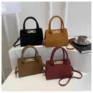 Collection of matte retro handbags in four colors featuring golden rectangular turn-lock
