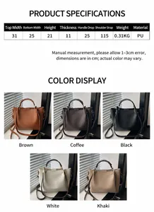 Tableau détaillé montrant les dimensions du sac seau en PU et ses cinq couleurs