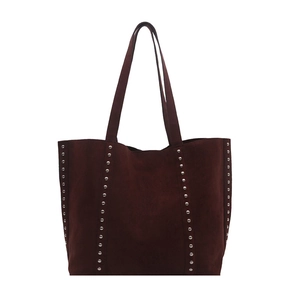 Vintage burgundy suede tote bag with silver metal rivets and double shoulder straps