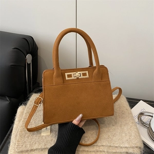 Vintage Matte Suede Handbag Gold Metal Lock Square Crossbody Bag Top Handle Shoulder Bag Women Urban Chic Minimalist