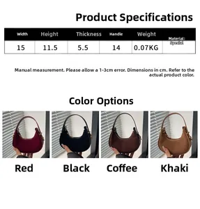 Size chart showing dimensions for the mini crescent handbag in four vintage colors