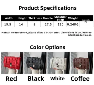 Detailed view of quilted PU leather chain bag dimensions and color options
