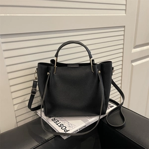 Retro schwarze Eimer Tasche aus Leder mit Lychee Muster, Tragegriff und Schultergurt