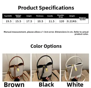 Detailed comparison of mini bucket bags in brown, black, and white canvas with leather