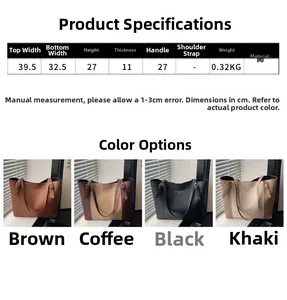 Detailed size chart and multi-color options for the large PU leather tote shoulder bag