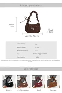 Detailed dimensions and four-color display of the bow-decorated pleated underarm bag