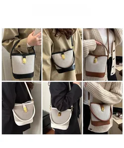 Three-color contrast bucket bag shown in different carrying styles by a model