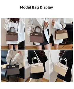 Collage de mannequins portant des sacs à main trapèze contrastés dans diverses scènes du quotidien