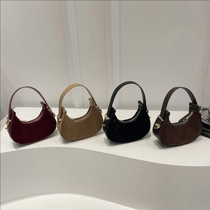 French style crescent moon shoulder bags in burgundy, khaki, black and brown suede finish