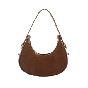 Brown suede crescent hobo shoulder bag with leather trim and gold adjustable strap buckle