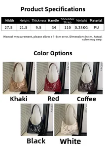 Size chart and dimensions for the PU leather crescent underarm bag in five colors