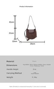 Size chart showing dimensions for the brown suede bucket bag with shoulder strap measurements