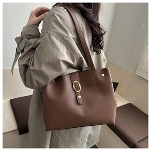 Vue détaillée du sac cabas marron foncé avec boucle dorée et texture en cuir mat