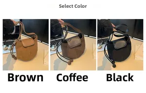 Detailed comparison of brown, coffee and black frosted suede bucket bags with drawstrings