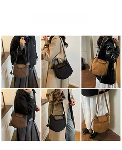 Collage of frosted suede bucket bags in brown, black, and camel with drawstring detail