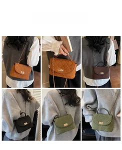 Quilted crossbody bag with metal chain strap and turn-lock closure in four neutral colors