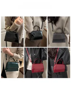 Model display of glossy patent leather crossbody bags in multiple colors and outfits