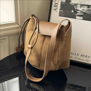 Women Frosted Suede Bucket Bag With Drawstring Ball Charms Minimalist Vintage Shoulder Crossbody Bag Flap Closure