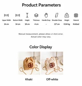Dimensions détaillées et vue comparative de petits sacs seaux tissés à cordon