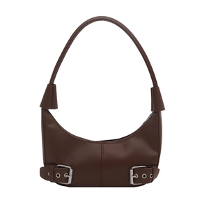 Vintage dark brown crescent shoulder bag with leather buckle details and smooth finish