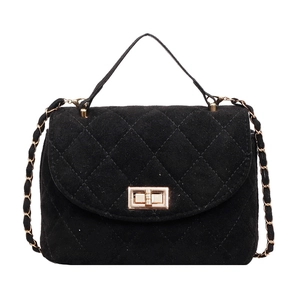 Elegant black quilted crossbody bag with gold twist lock and chain strap on white background