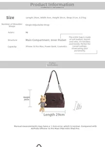 Detailed size chart for the 29x9x20cm large PU leather tote bag with chain strap