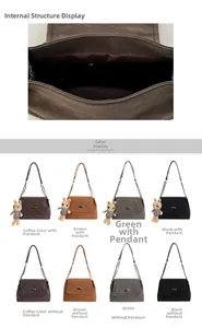 Detail view of vintage matte leather handbags in brown and green with metal buckles