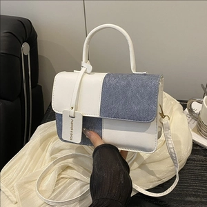 Women Crossbody Shoulder Bag Contrast Color PU Leather And Textile Patchwork Small Square Handbag With Top Handle