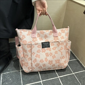 Floral Print Tote Bag Canvas Large Capacity Multi Pocket Shoulder Handbag For Women Casual Versatile Adjustable Strap