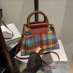 Vintage Plaid Woolen Tote Bag For Women Retro Checkered Handbag With Resin Handle Small Crossbody Shoulder Bag British Style Satchel