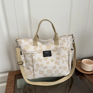 Floral Print Tote Bag Large Capacity Multi Pocket Nylon Canvas Shoulder Handbag Adjustable Strap Casual Handbag
