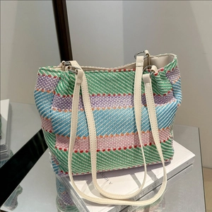 Sac Fourre-Tout Tissé À Rayures Colorées Contraste Coton Lin Sac À Épaule Pour Vacances À La Plage Été