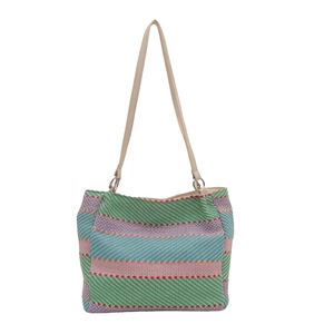 Sac à épaule en toile à rayures colorées avec motifs vert bleu rose et bandoulière