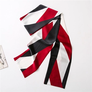 Burgundy and black striped narrow silk scarf with elegant polished satin texture
