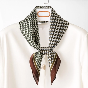Retro plaid silk square scarf for women featuring olive green and coffee brown patterns
