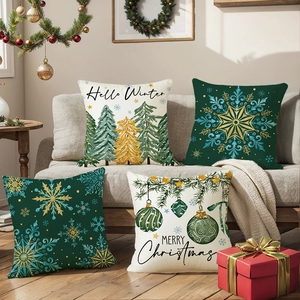 Set of 4 Christmas tree print pillow covers in green and beige for festive holiday decor