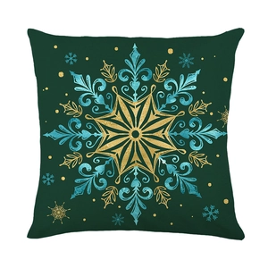 Green Christmas tree throw pillow cover with golden snowflake pattern for festive decoration