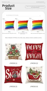 Size guide for Christmas pillow covers showing 40cm, 45cm, and 50cm with insert weight specs