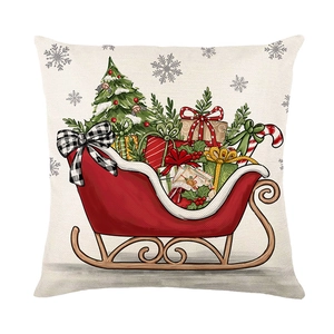 Christmas sleigh and gift box print square polyester pillow cover on white background