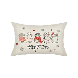 Christmas lumbar pillow cover with five cartoon cats and Merry Christmas print