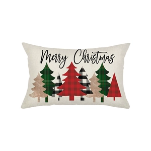 Merry Christmas Lumbar Pillow Cover with five festive tree designs on white polyester