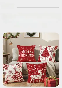Cozy indoor scene featuring four red and white Christmas pillow covers on a sofa