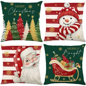 Christmas Pillow Covers Polyester Linen Texture Santa Claus Snowman Print Sofa Couch Decorative Cushion Case Festive Holiday Home Decor
