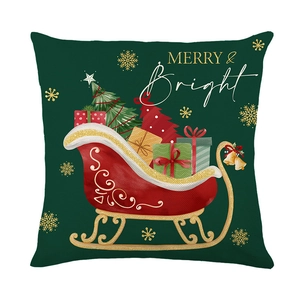 Dark green Christmas pillow case with red sleigh and Merry & Bright text on white background
