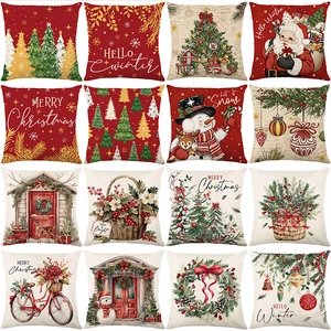 Christmas Cushion Covers Polyester Decorative Throw Pillow Cases For Home Sofa Winter Holiday Decor Santa Snowman Pattern