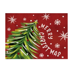 Festive red linen placemat with Christmas tree print and Merry Christmas text