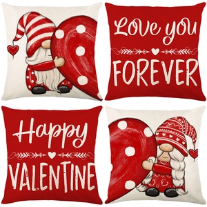 4er-Set Valentinstag Kissenbezüge in Rot und Beige mit Zwergenmotiven und Herz-Aufdrucken