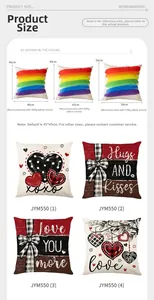 Size guide for Valentine's throw pillow covers showing dimensions and insert weight recommendations