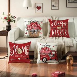 Set van 4 Valentijnsdag kussenslopen met rode vrachtwagen en hartjes voor decoratie